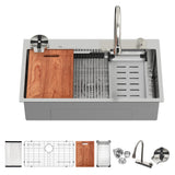 33 inch Brushed Nickel Stainless Steel Kitchen Sink with Waterfall Flow and Pull