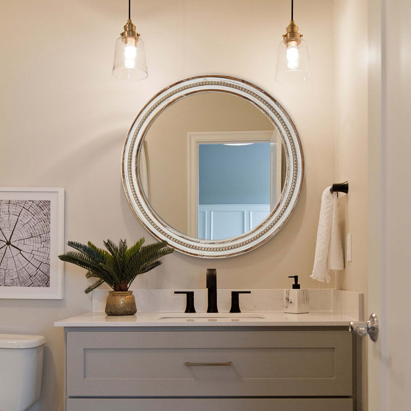 35.43" Wood Round Decorative Mirror for Wall Decor