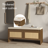 PP Rattan Storage Bench with Cushion, Faux Rattan Shoe Cabinet with 2 Doors