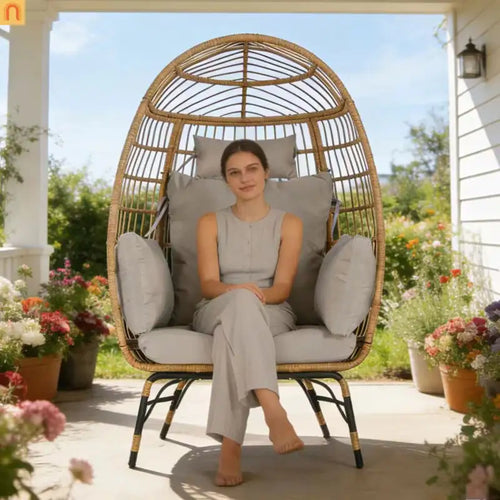 Outdoor Egg Chair Wicker Steel Light Gray Cushion 600 LB 39in