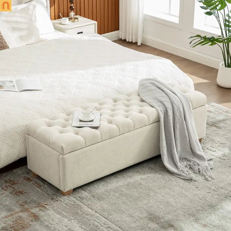 Storage Bench Tufted Chenille Beige Flip Top Rubberwood Legs 60.2 In 300 LB
