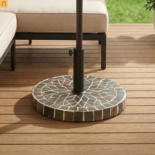Patio Umbrella Base Round Mosaic Tile Concrete Iron 18.9 In 38-48 mm Pole