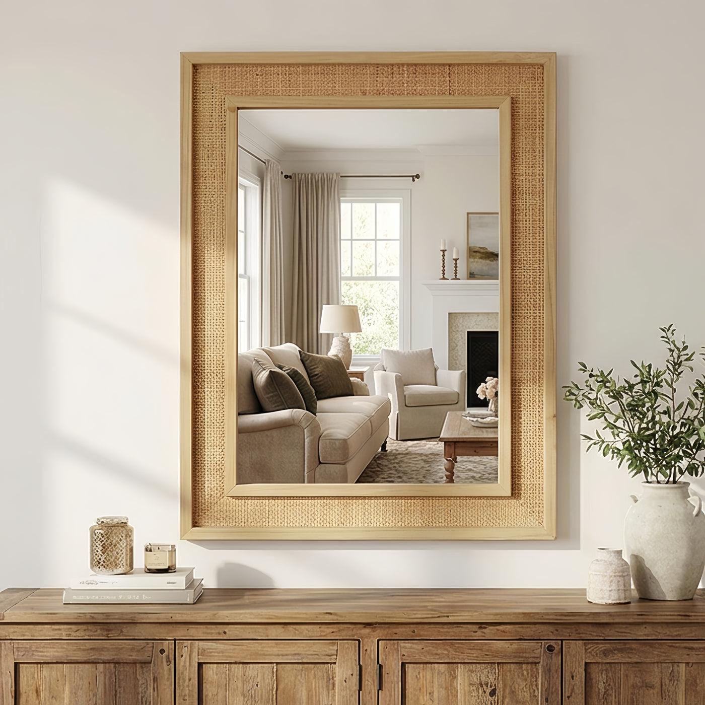 24x36 Rattan Rectangle Wood Frame Mirror