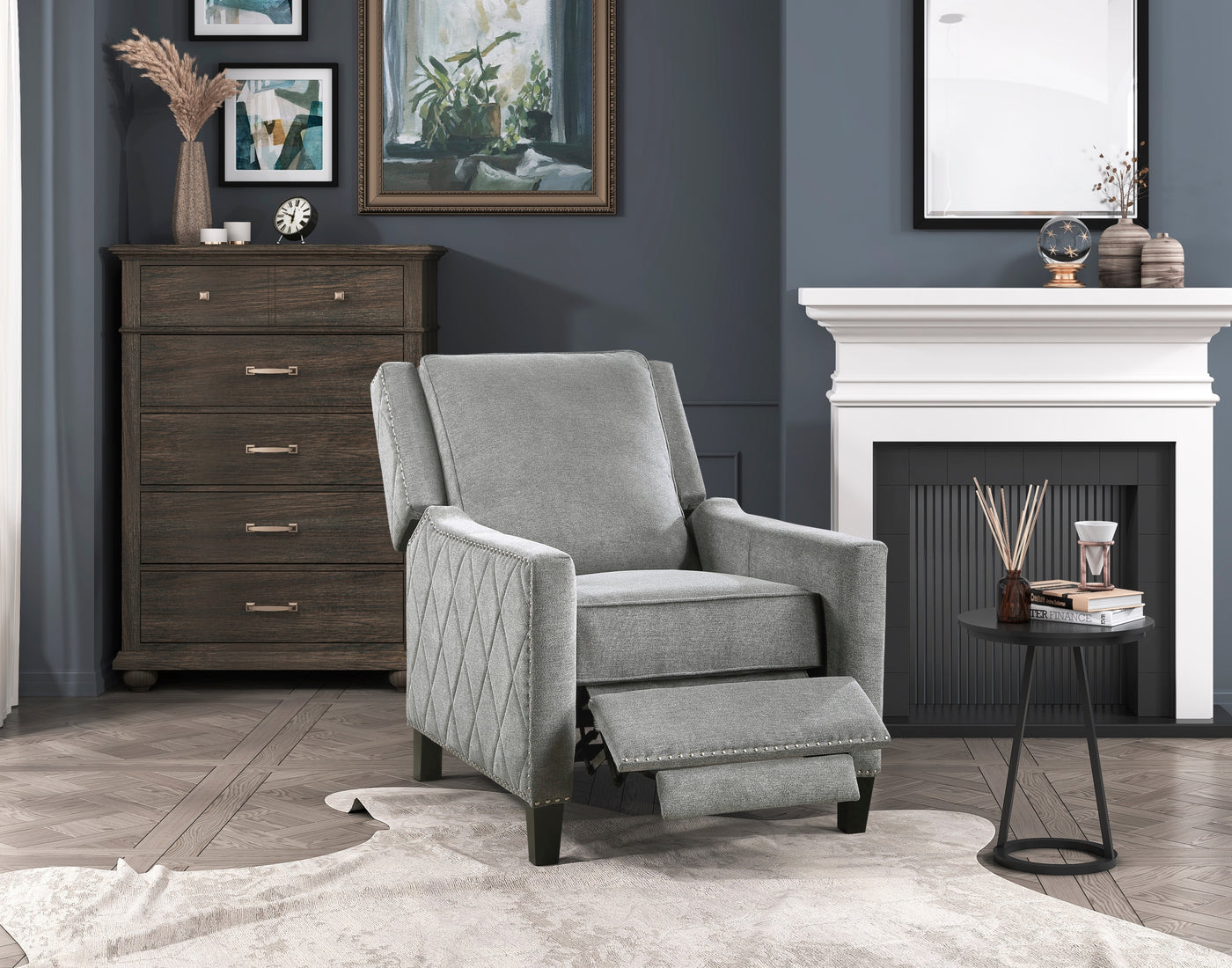 Gray Fabric Reclining Chair Nailhead Trim Wood Frame