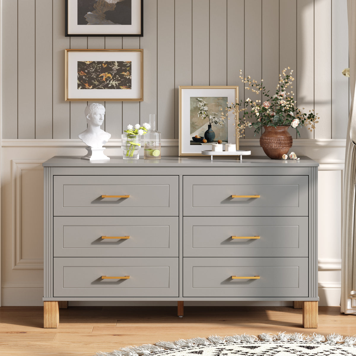 6-Drawer Double Dresser in Gray, Modern Storage Cabinet with Metal Handles & Sol