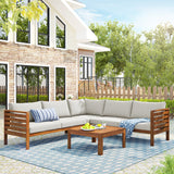 <Old SKU: FV201207AAK. Note: Modify Size>Wood Structure Outdoor Sofa Set with beige Cushions Exotic design Water-resistant and UV Protected texture High quality acacia wood Strong Metal Accessories