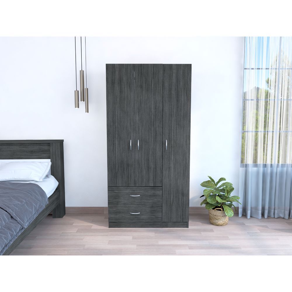 3 Door Armoire with Drawers, Shelves, Hanging Rod - Smokey Oak