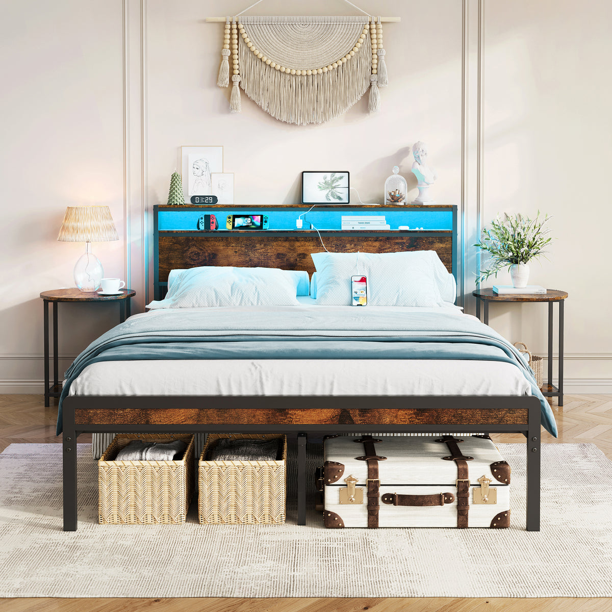 Full Engineered Wood Platform Bed Antique Brown