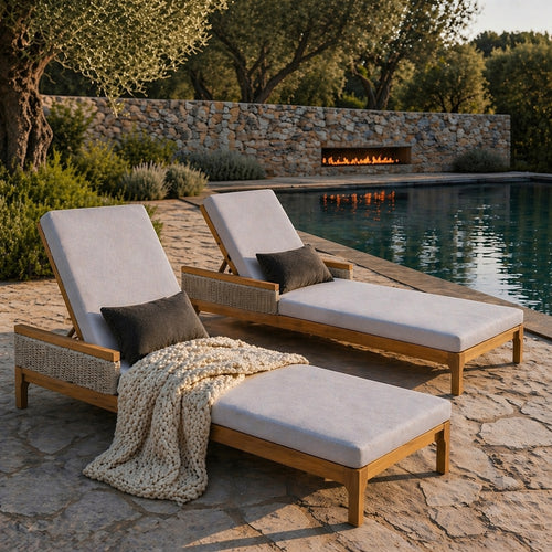 Chaise Lounge Acacia Wood Wicker Gray Cushion 4 Position 76.77in