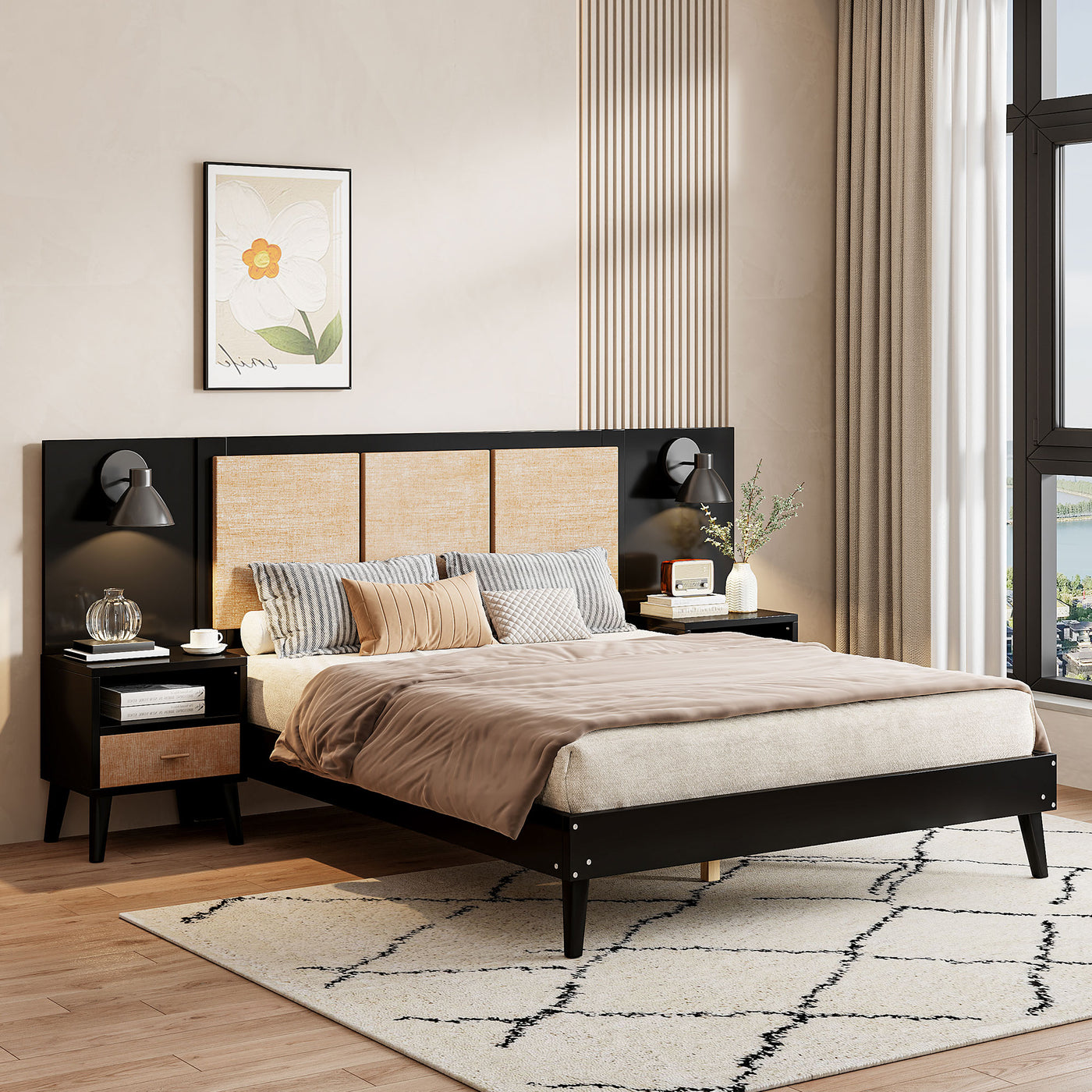 Queen Size Wood Bed Frame with Nightstands and Lamps