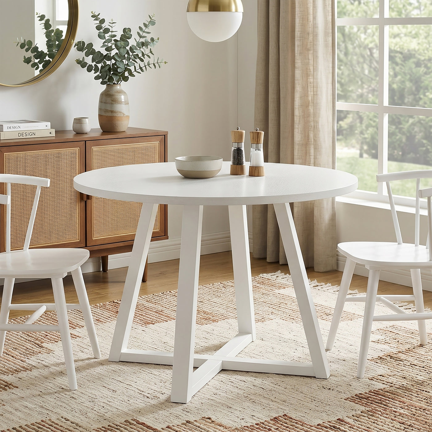 Round Dining Table Trestle Base White Finish