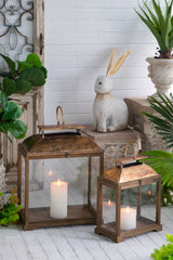 Brown Wooden Lanterns with Clear Glass Panels, Set of 2