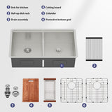 Double Bowl (50/50) Undermount Kitchen Sink- 33"x19"x10" Stainless Steel