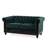 Chesterfield Velvet Loveseat Sofa 2-Person Rolled Arm Forest Green
