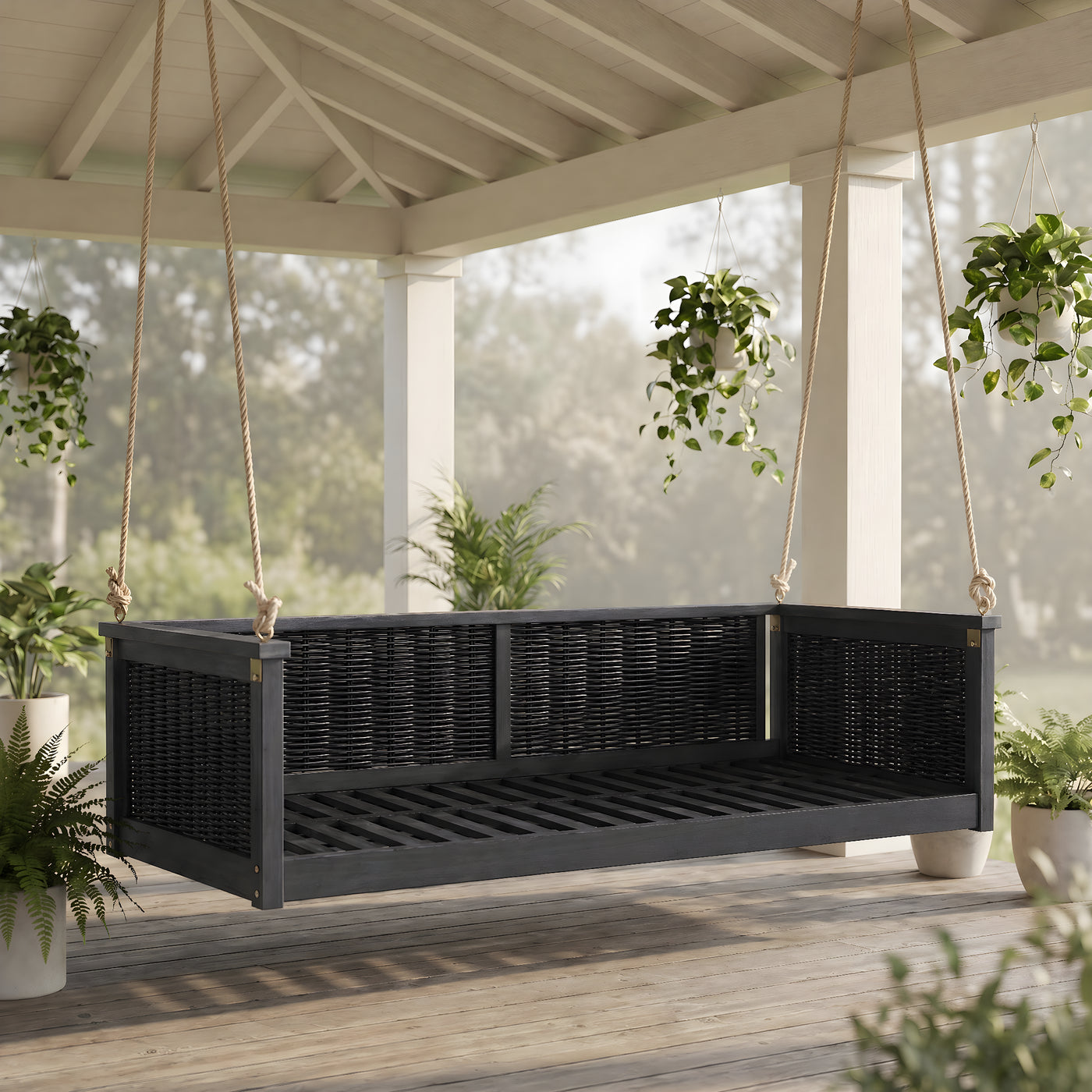Outdoor Solid Wood Twin Swing Bed with Rattan Frame