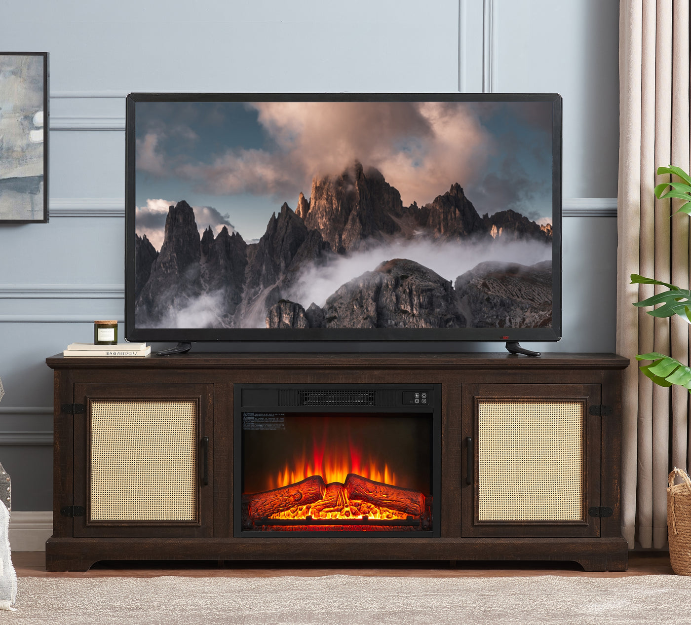 Rattan TV Stand Console Cabinet 65"W Fireplace Insert
