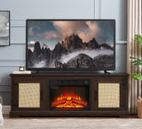 Rattan TV Stand Console Cabinet 65"W Fireplace Insert