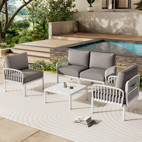 5 Piece Outdoor Conversation Set White Gray Fabric