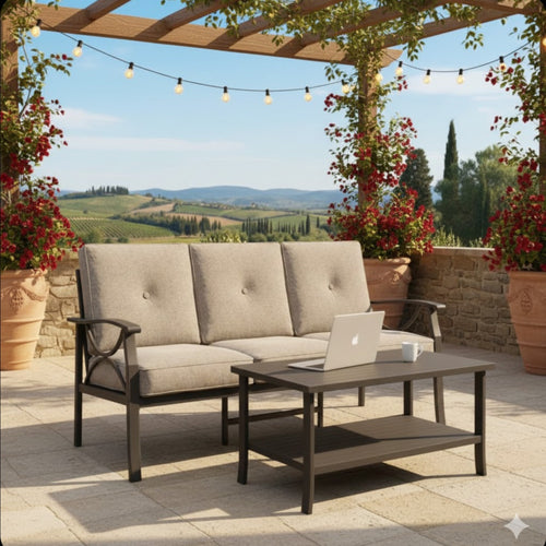 Outdoor Patio Set Steel Khaki Beige Cushion 2 Piece 70in Sofa
