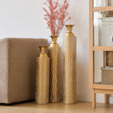 Set of 3 Gold Distressed Metal Vases with Vine Pattern 34