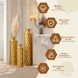 3-Piece Modern Gold Metal Floor Vase Set, Hexagon Textured