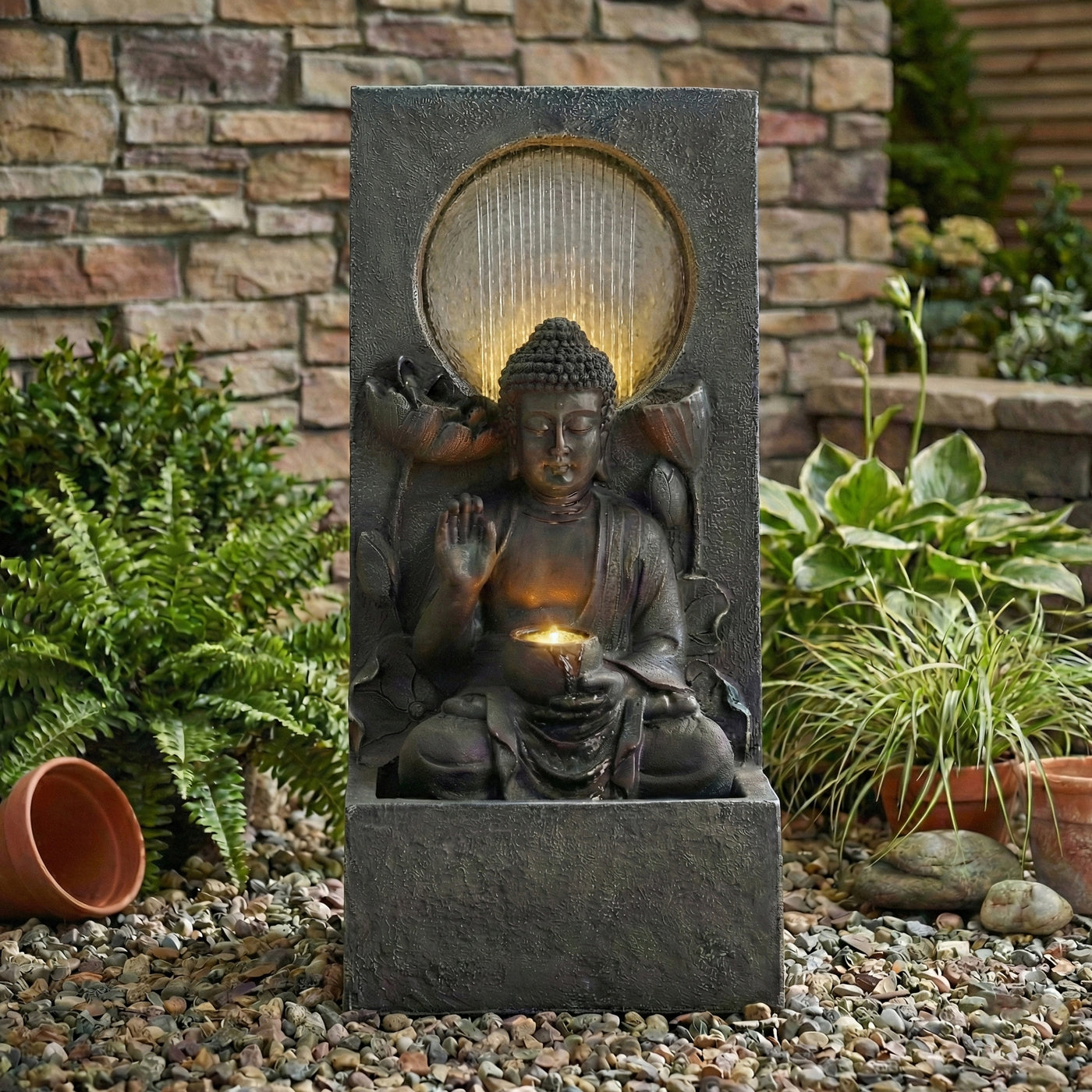 28" Outdoor Buddha Waterfall Fountain with LED Light