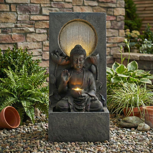 28" Outdoor Buddha Waterfall Fountain with LED Light