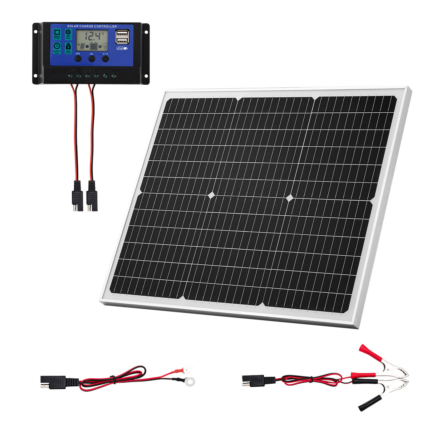 50W 12V Solar Battery Trickle Charger, MPPT Controller, IP65, for Car Boat RV