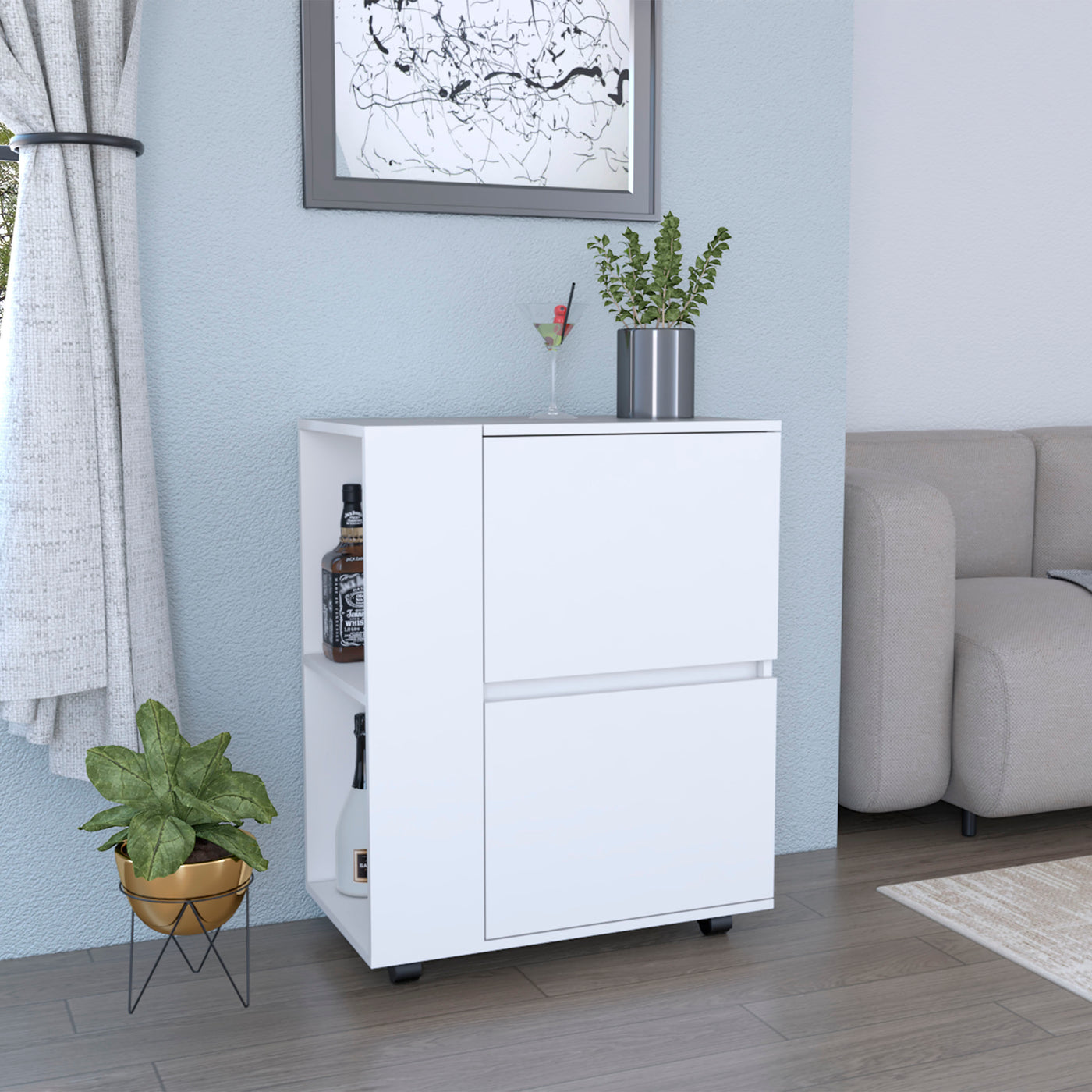Glasgow Bar Cart with Two Door Cabinets and Open Shelves