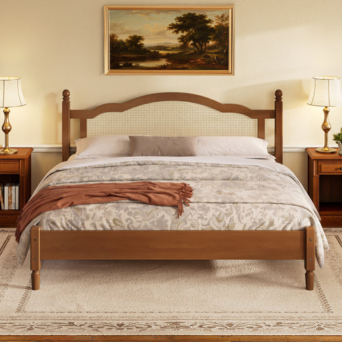 King Size Walnut Wooden Platform Bed with Rattan Headboard