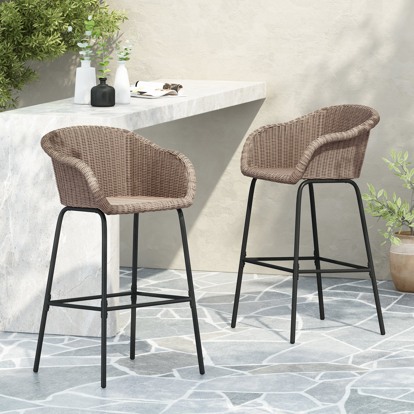 Ladd Outdoor Metal Wicker Barstool, Light Brown Faux Wicker, Set of 2