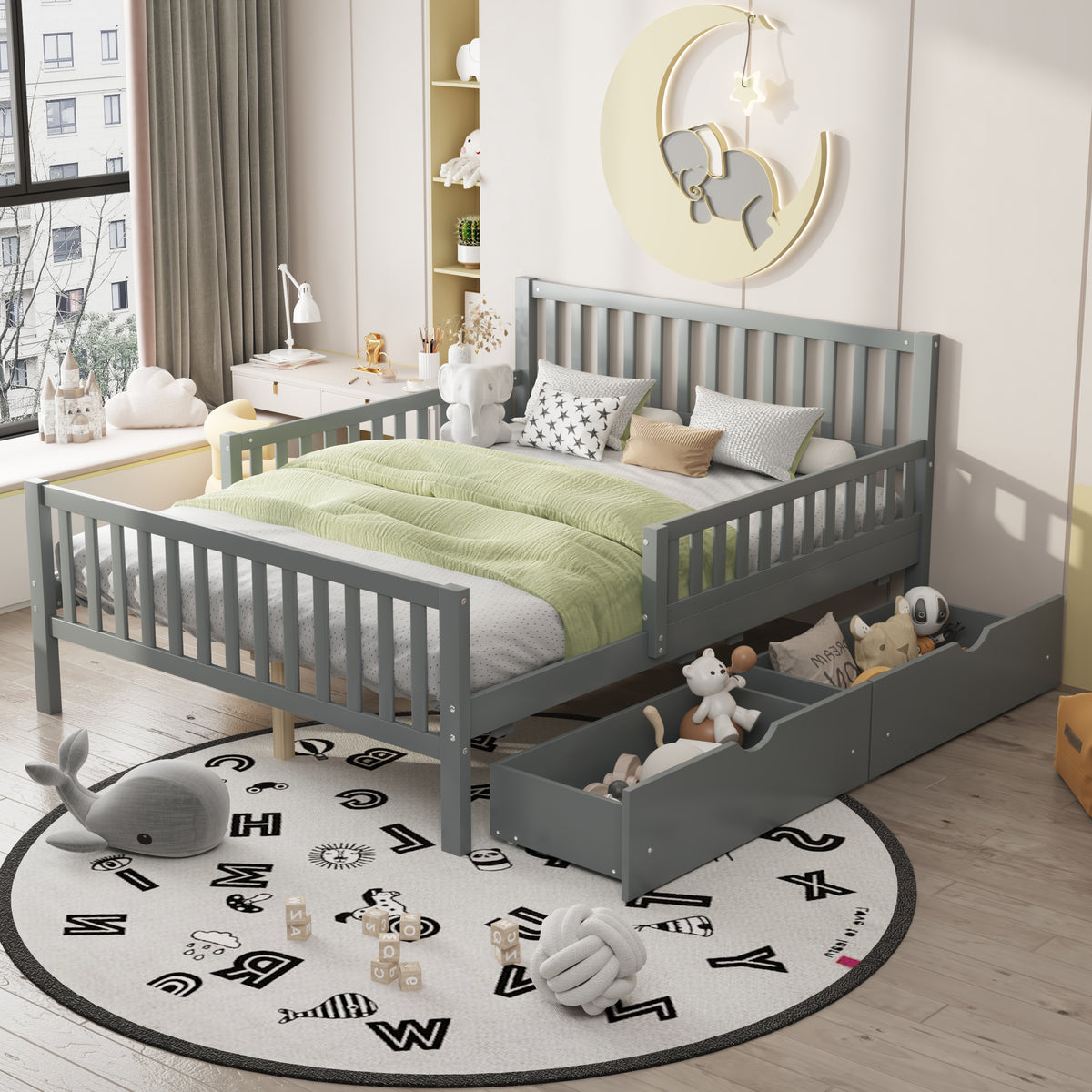 Full Wood Platform Bed Gray
