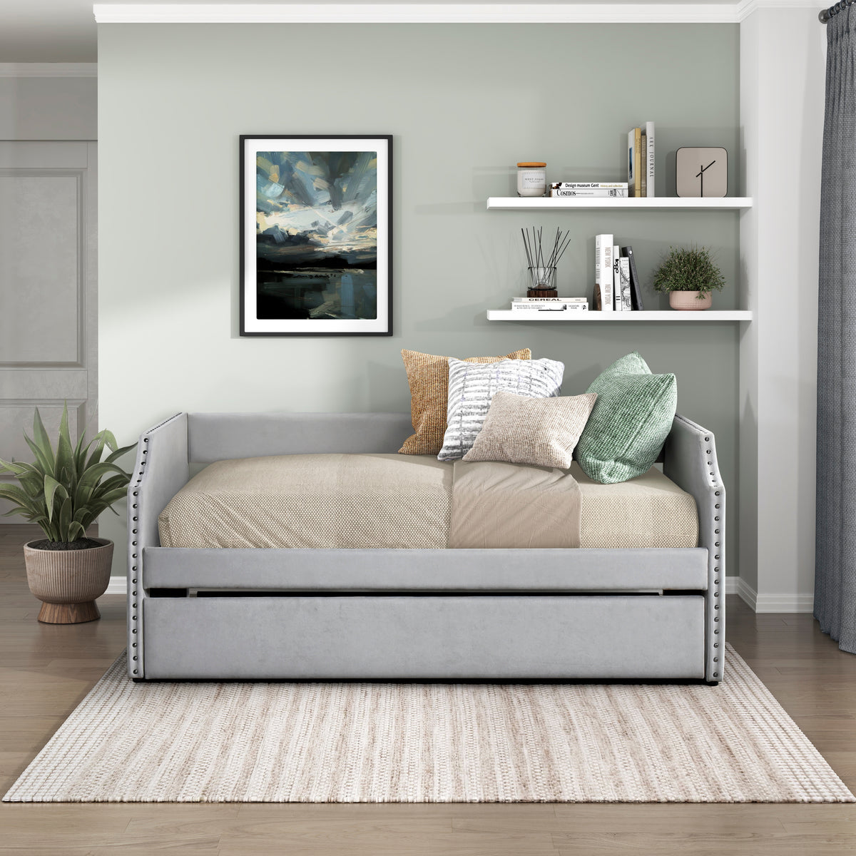 Daybed with Trundle Wood Light Gray
