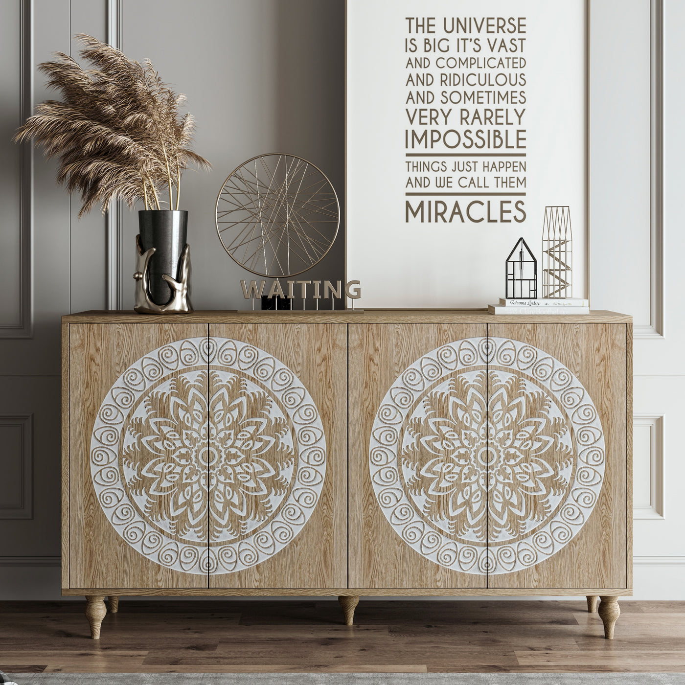 Vintage Mandala Carved Oak Sideboard, 4 Door Boho Buffet