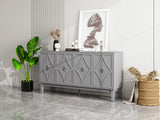 Vintage Black Oak 4-Door Cabinet w/ Hand-Carved Geometric Doors