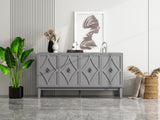Vintage Black Oak 4-Door Cabinet w/ Hand-Carved Geometric Doors