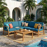 PERLA 6-Piece Outdoor Sectional Sofa Set, Acacia Wood Frame, Blue Cushions