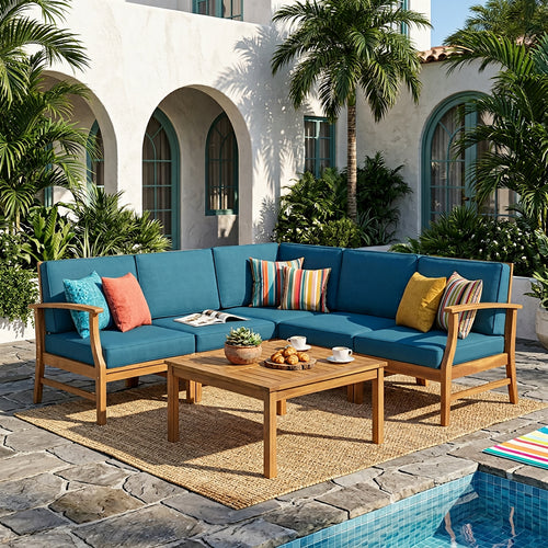 PERLA 6-Piece Outdoor Sectional Sofa Set, Acacia Wood Frame, Blue Cushions