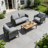 Outdoor Conversation Set Woven Rope Black Gray 4 Piece Olefin Cushions