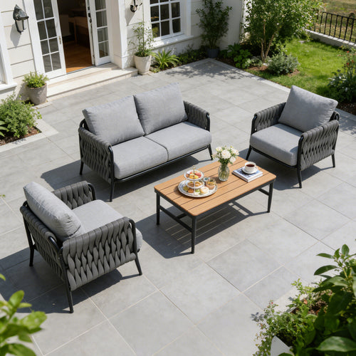 Outdoor Conversation Set Woven Rope Black Gray 4 Piece Olefin Cushions