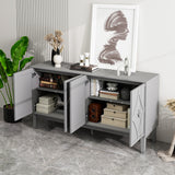 Vintage Black Oak 4-Door Cabinet w/ Hand-Carved Geometric Doors