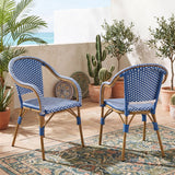 Outdoor Bistro Chairs, Patio Dining Chairs with Aluminum Frame, Weather Resistant PP Rattan Armchairs for Porch, Garden, Backyard, Cafe (Set of 2),  Natural+Blue+White