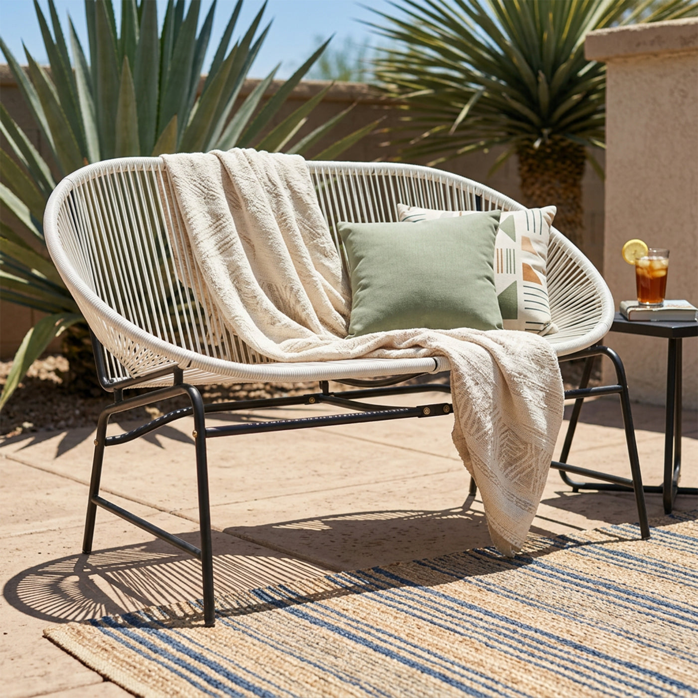 CONDESSA OUTDOOR PATIO WICKER LOVE SEAT, WHITE PE RATTAN &  IRON FRAME, SET OF 1