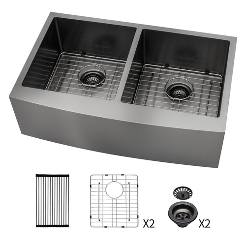 Gunmetal Stainless Steel Double Bowl Farmhouse Kitchen Sink 33x21