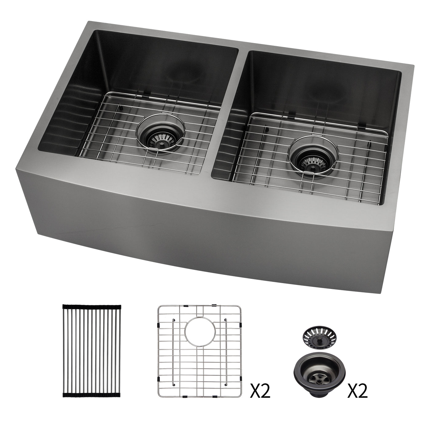Gunmetal Black Double Bowl Stainless Steel Farmhouse Sink 36x21x10