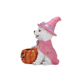 Halloween White Teddy Puppy Figurine, Witch Dog Holding Pumpkin Candy Bowl Decor
