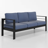 Outdoor Sofa Aluminum Black 3 Seat Blue Cushions 900 lb Capacity 74in