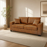 Light Brown Foil Fabric Two-Seater Sofa with Throw Pillows, Wood and Fabric Construction, 69-Inch Compact Design