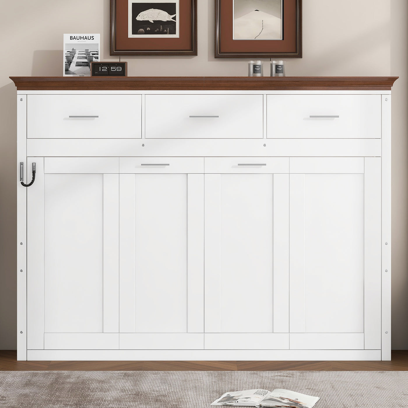 White Twin Size Murphy Bed with 3 Drawers, LVL + MDF Frame, 85.6''L x 15.1''W x 60.5''H