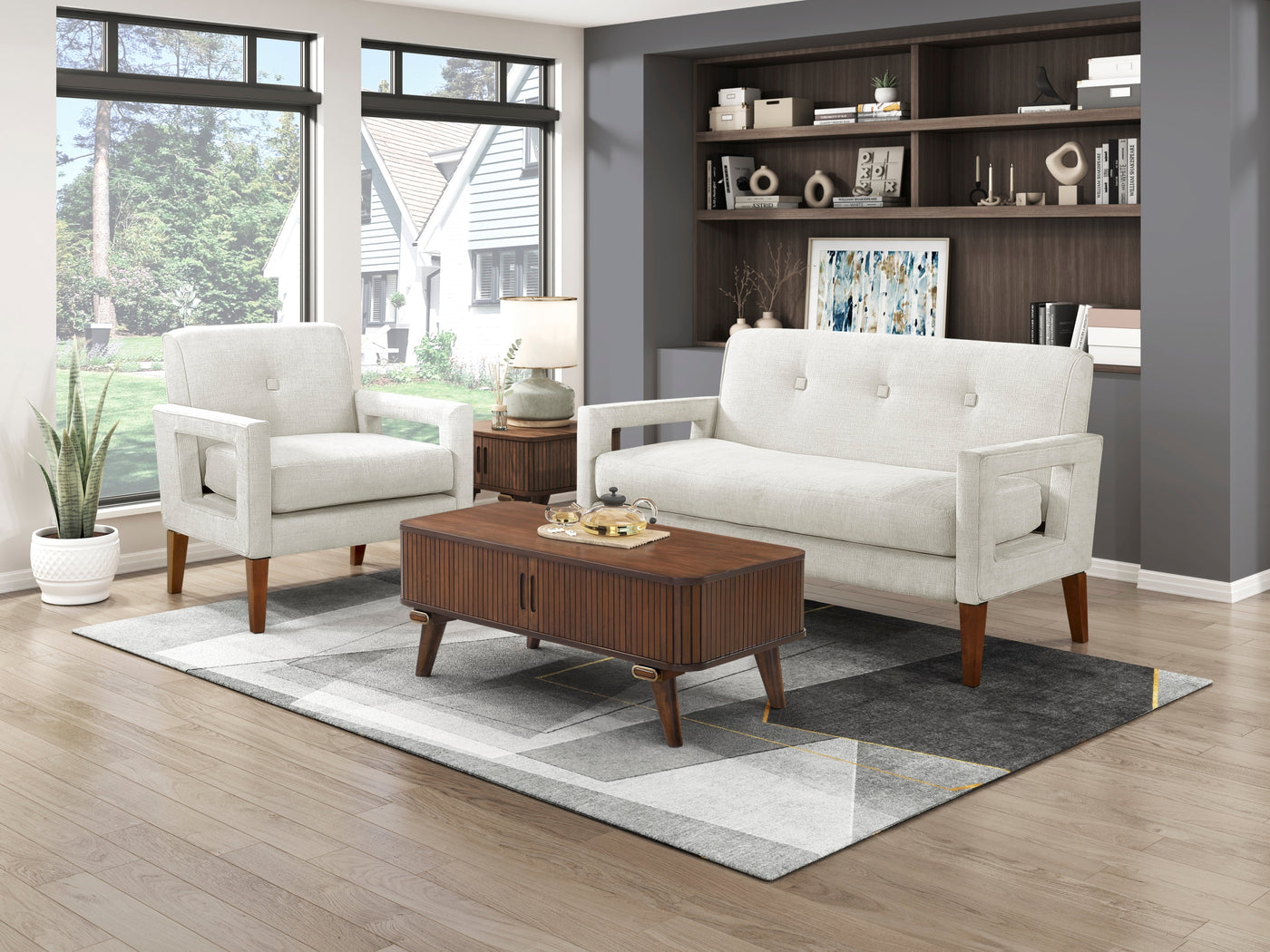Beige Chenille Loveseat with Wood Legs Pocket Coils